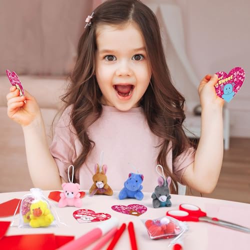 JUMPING EARS 32 Packs Valentine's Day Mini Stuffed Animal with Heart Cards Jungle Animals Plush Toy Keychain for Valentines Day Gifts School Classroom Exchange Game Prize Party Favors