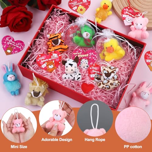 JUMPING EARS 32 Packs Valentine's Day Mini Stuffed Animal with Heart Cards Jungle Animals Plush Toy Keychain for Valentines Day Gifts School Classroom Exchange Game Prize Party Favors