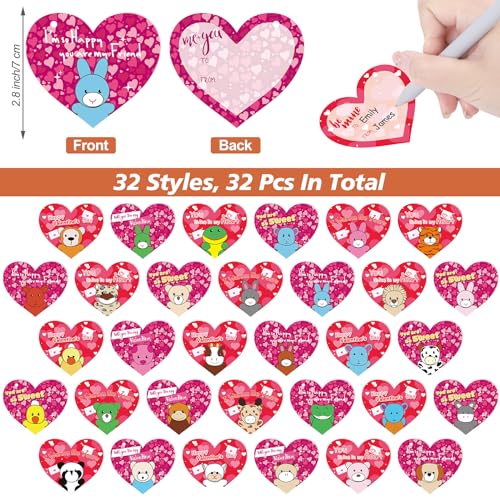 JUMPING EARS 32 Packs Valentine's Day Mini Stuffed Animal with Heart Cards Jungle Animals Plush Toy Keychain for Valentines Day Gifts School Classroom Exchange Game Prize Party Favors