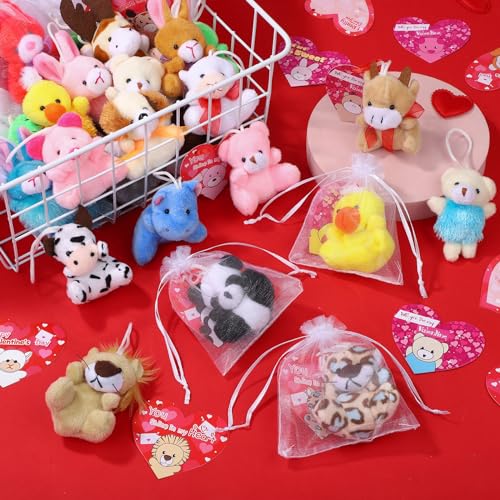 JUMPING EARS 32 Packs Valentine's Day Mini Stuffed Animal with Heart Cards Jungle Animals Plush Toy Keychain for Valentines Day Gifts School Classroom Exchange Game Prize Party Favors