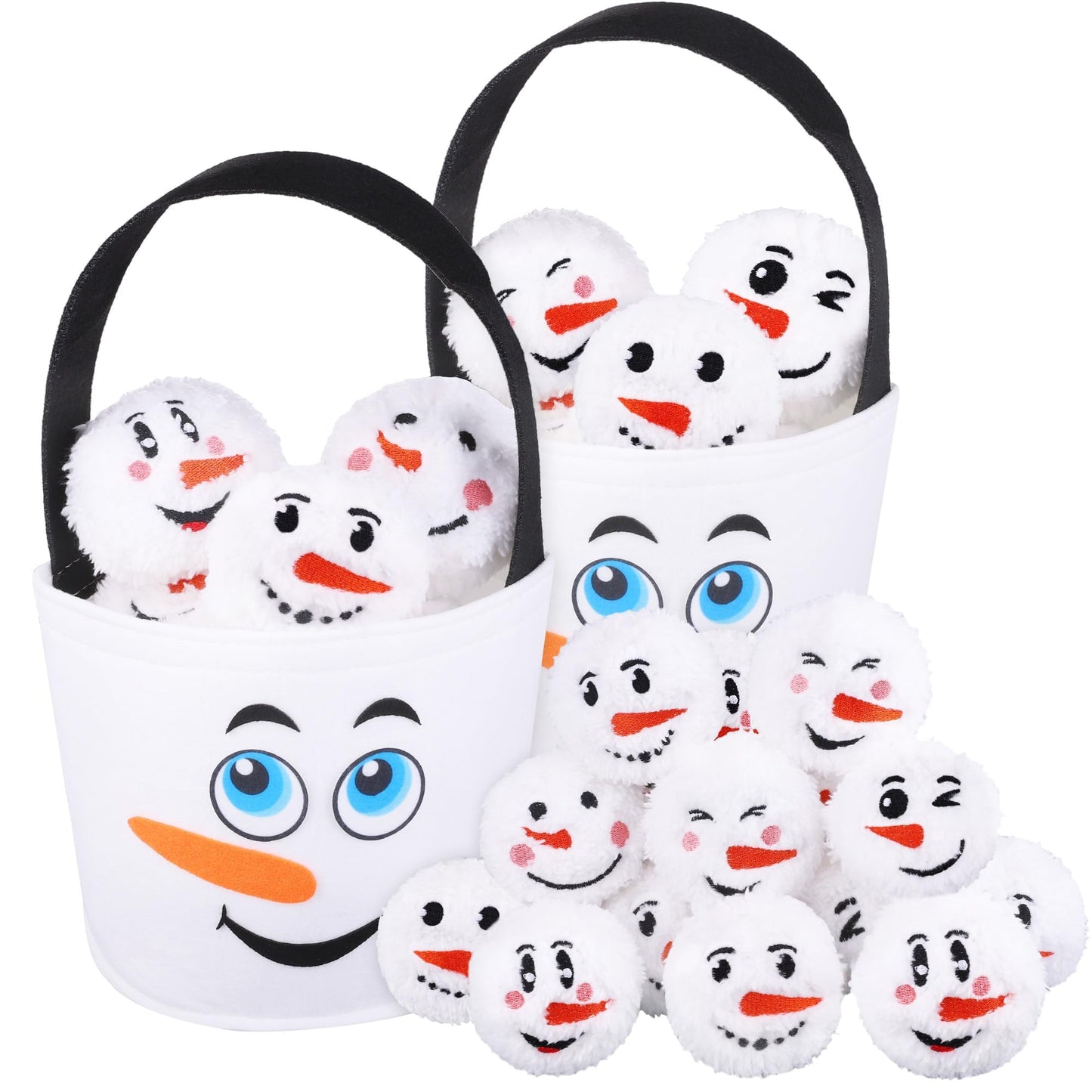 JUMPING EARS 52 Pieces Snow Toy Balls Set 2.8 Inch Plush Snowmen Balls with 4 Snowman Bags First Snow Fight Ball Fun Realistic Smile Face Ball Toys for Christmas Winter Indoor Outdoor Party Game