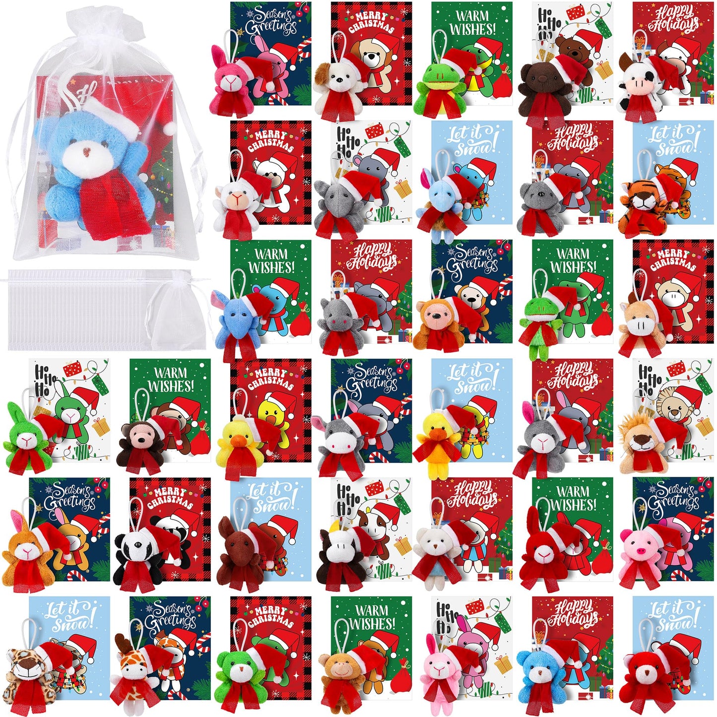 JUMPING EARS 36 Set Christmas Mini Stuffed Animals with Xmas Cards and Organza Bags Tiny Christmas Keychain Animal Plush Toys for Christmas Party Favors Gift Stockings Tree Decoration