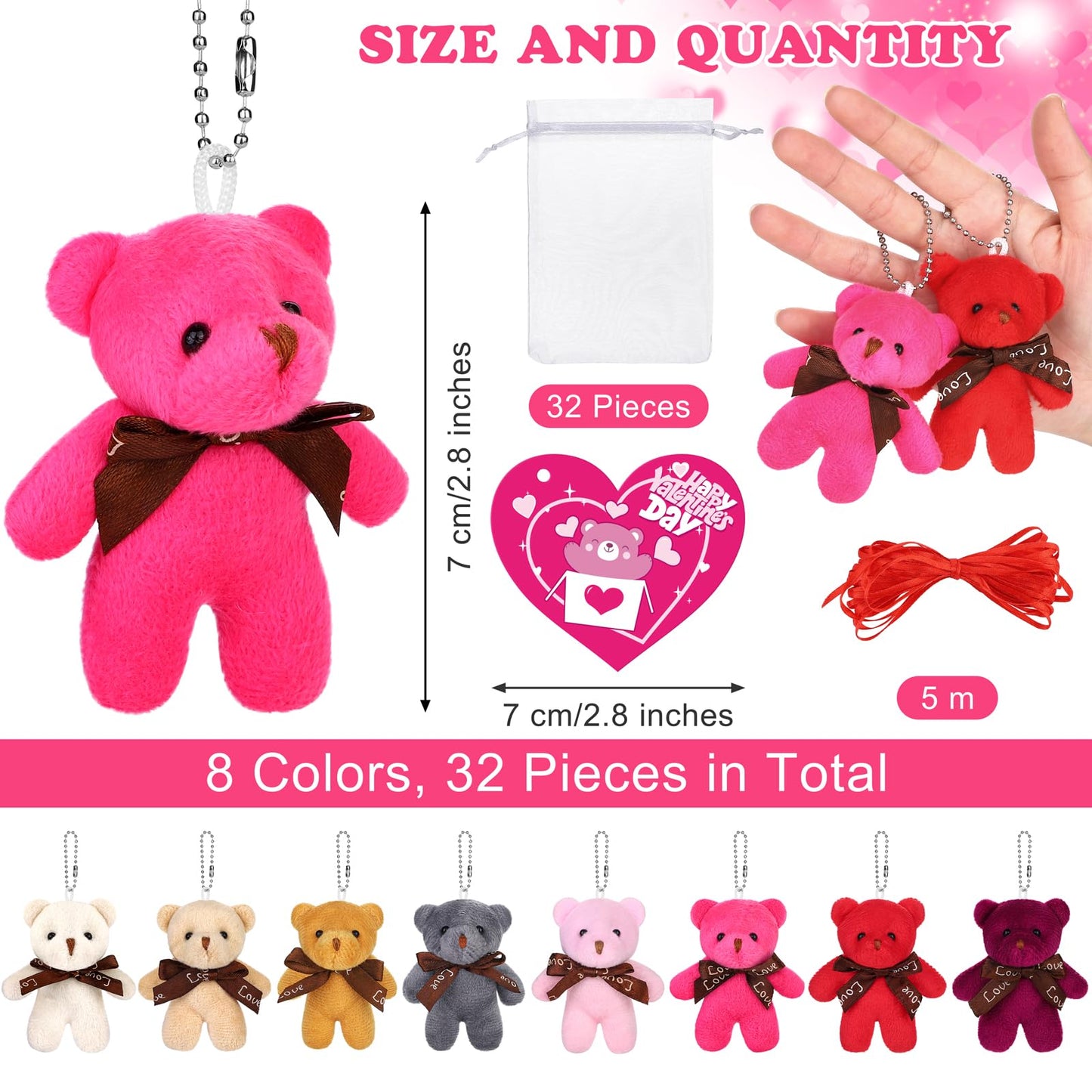 JUMPING EARS 32 Pack Valentine Bears Mini Teddy Bears with Heart Cards Plush Toy Valentine's Day Stuffed Animals for Gifts & Party Favors