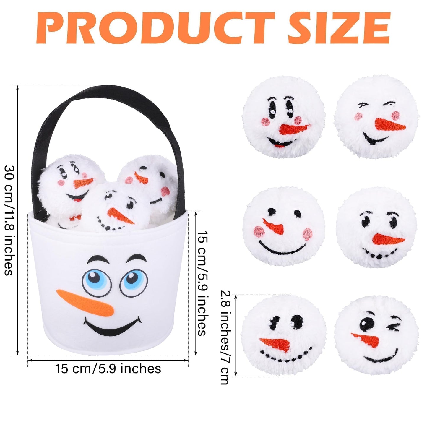 JUMPING EARS 52 Pieces Snow Toy Balls Set 2.8 Inch Plush Snowmen Balls with 4 Snowman Bags First Snow Fight Ball Fun Realistic Smile Face Ball Toys for Christmas Winter Indoor Outdoor Party Game