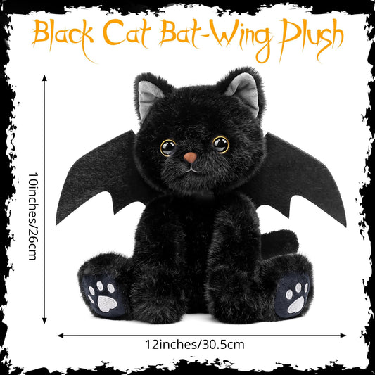 JUMPING EARS 10 Inch Black Cat Plush Toy with Bat Wings Stuffed Animal Cat Toy Realistic Kitten Dolls Soft Animal Toys for Halloween Decorations Birthday Gifts