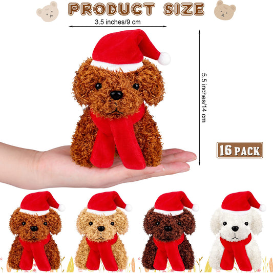 JUMPING EARS 16 Pieces 4.3 Inches Christmas Mini Plush Dogs Stuffed Animals with Santa Hat Scarf Keychain Cute Stuffed Puppy Toy Soft Stuffed Doll Goodie Bag Fillers for Christmas Party Favor, 4 Colors