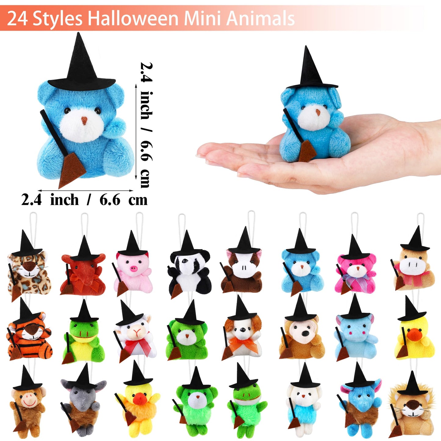 JUMPING EARS 24 Pieces Halloween Mini Stuffed Animals Plush Toy with Witch Hat Broom Cards Keychain for Kids Boys Girls Halloween Stuffed Party Favors