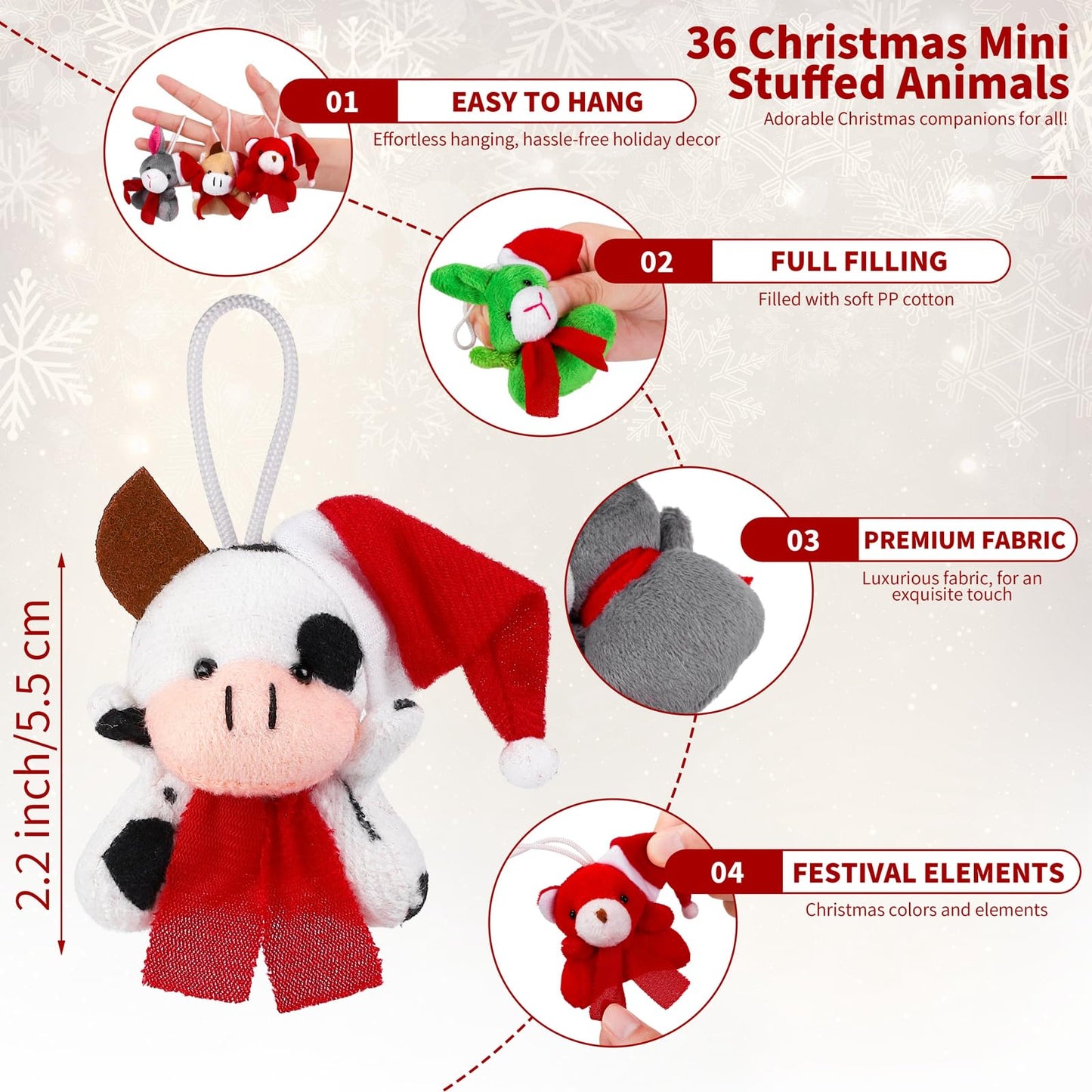 JUMPING EARS 36 Set Christmas Mini Stuffed Animals with Xmas Cards and Organza Bags Tiny Christmas Keychain Animal Plush Toys for Christmas Party Favors Gift Stockings Tree Decoration