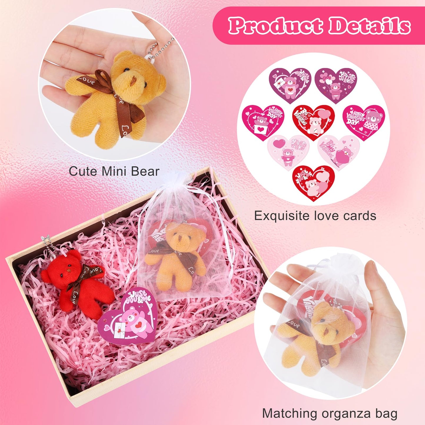 JUMPING EARS 32 Pack Valentine Bears Mini Teddy Bears with Heart Cards Plush Toy Valentine's Day Stuffed Animals for Gifts & Party Favors