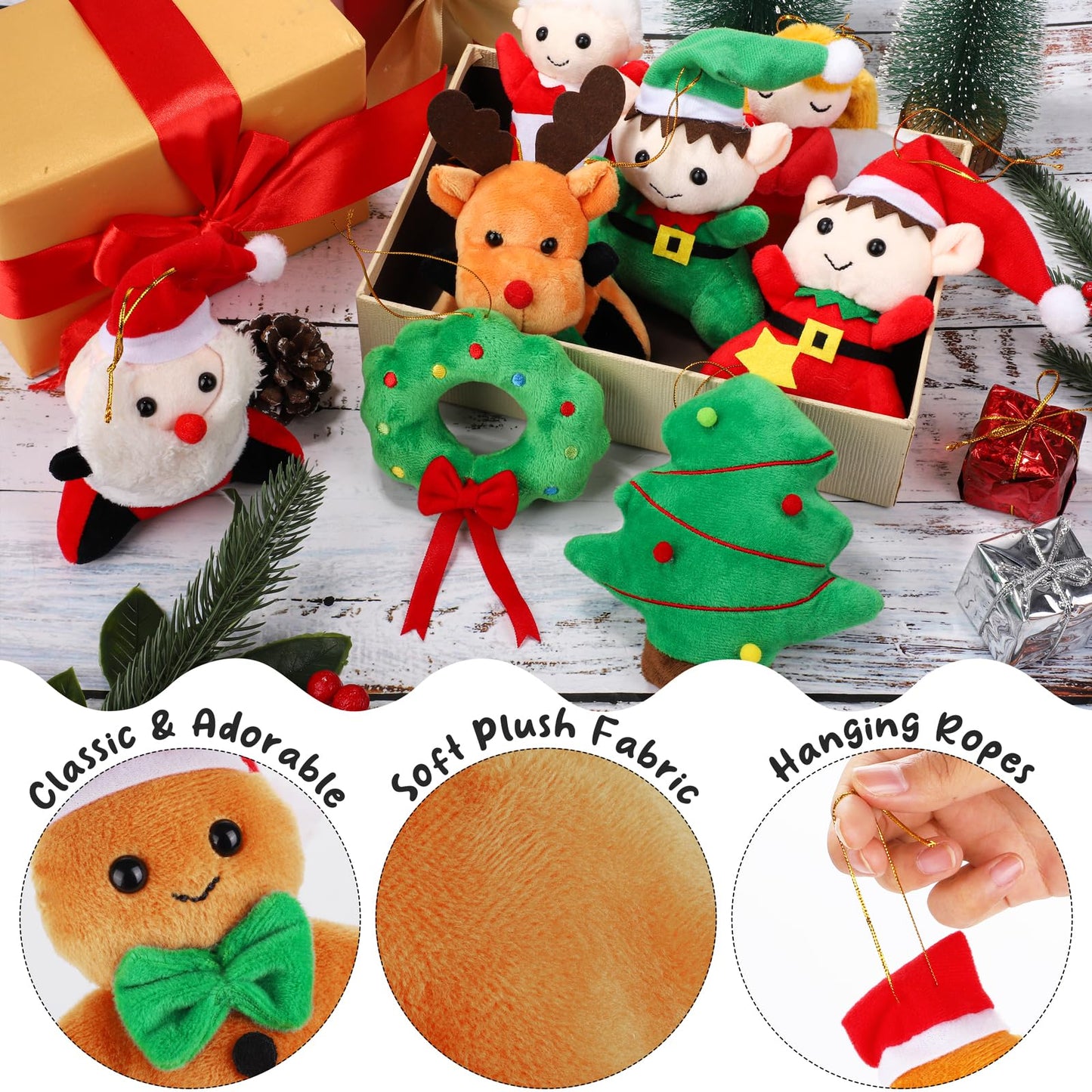 JUMPING EARS 12 Pieces Christmas Mini Stuffed Animals 5.7 Inch Snowman Santa Elk Elf Christmas Tree Hanging Plush Toys Tiny Plush Dolls for Christmas Party Favors Gift Key Chain