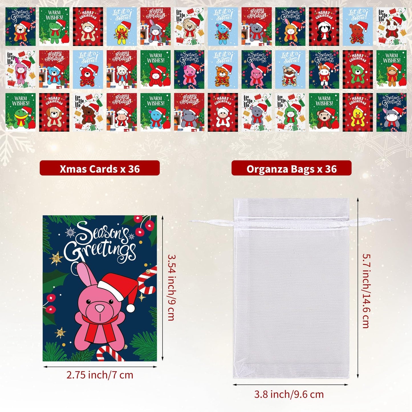 JUMPING EARS 36 Set Christmas Mini Stuffed Animals with Xmas Cards and Organza Bags Tiny Christmas Keychain Animal Plush Toys for Christmas Party Favors Gift Stockings Tree Decoration