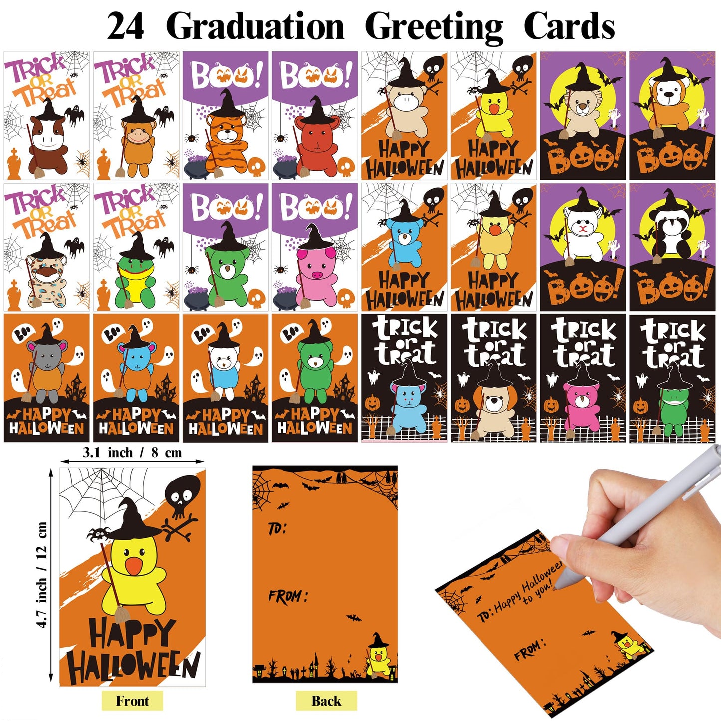 JUMPING EARS 24 Pieces Halloween Mini Stuffed Animals Plush Toy with Witch Hat Broom Cards Keychain for Kids Boys Girls Halloween Stuffed Party Favors