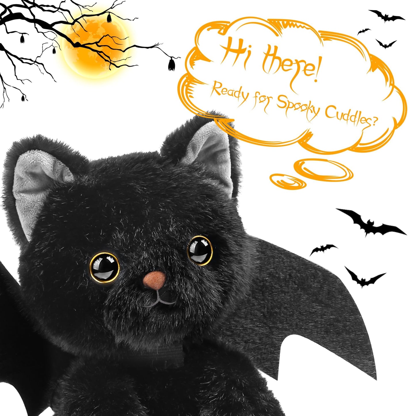 JUMPING EARS 10 Inch Black Cat Plush Toy with Bat Wings Stuffed Animal Cat Toy Realistic Kitten Dolls Soft Animal Toys for Halloween Decorations Birthday Gifts