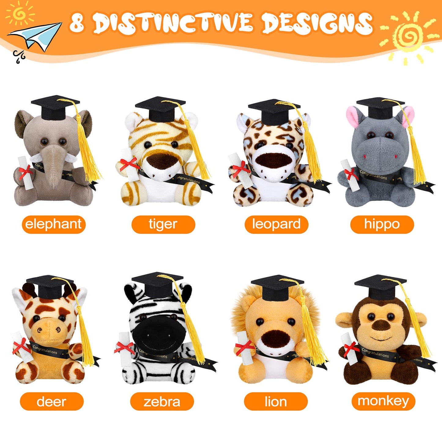 JUMPING EARS 16 Pieces Graduation Jungle Animal Plush Toys 4.8 Inch Mini Stuffed Forest Animals Set Stuffed Jungle Animal with Graduation Cap for Kindergarten Graduation Gift School Parties