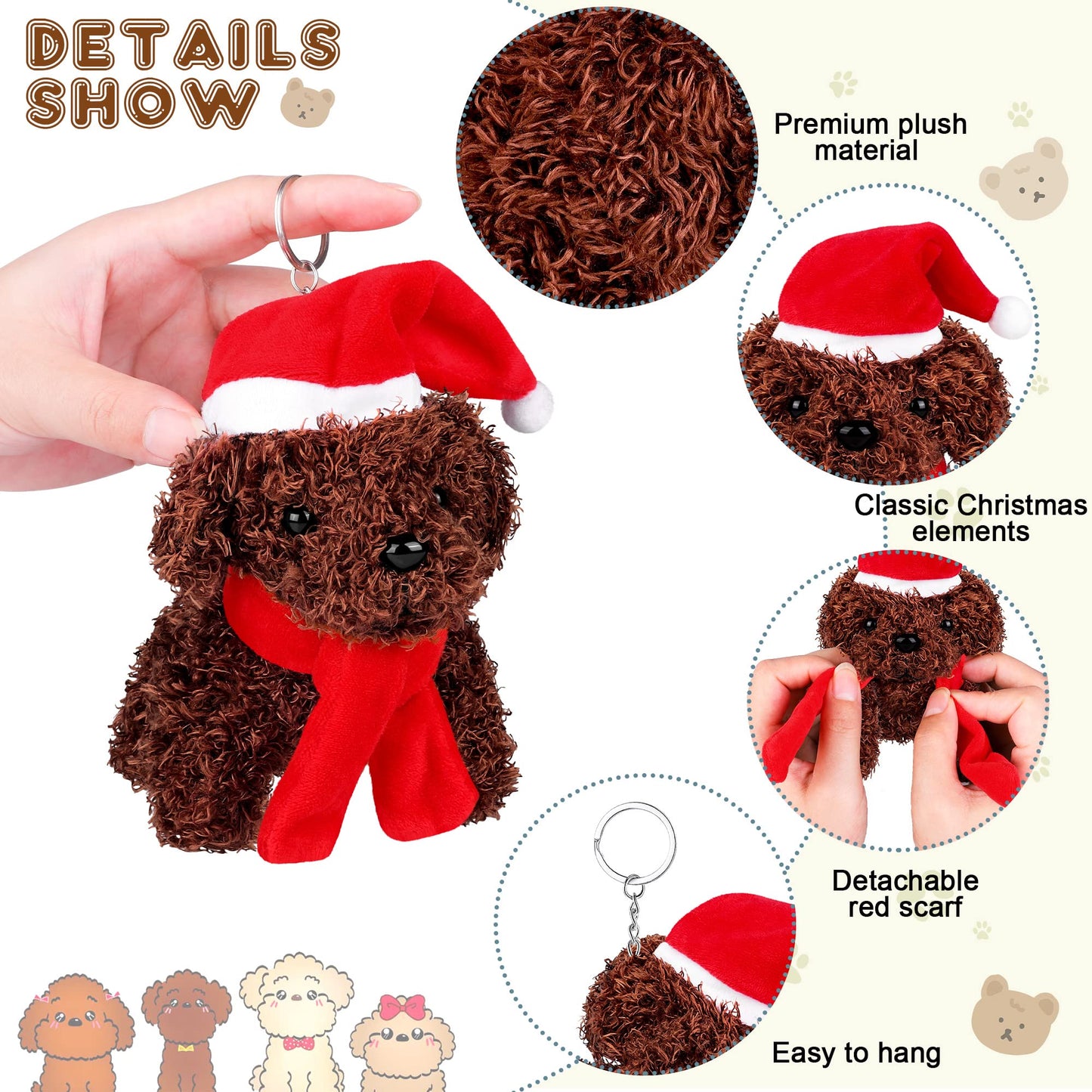 JUMPING EARS 16 Pieces 4.3 Inches Christmas Mini Plush Dogs Stuffed Animals with Santa Hat Scarf Keychain Cute Stuffed Puppy Toy Soft Stuffed Doll Goodie Bag Fillers for Christmas Party Favor, 4 Colors