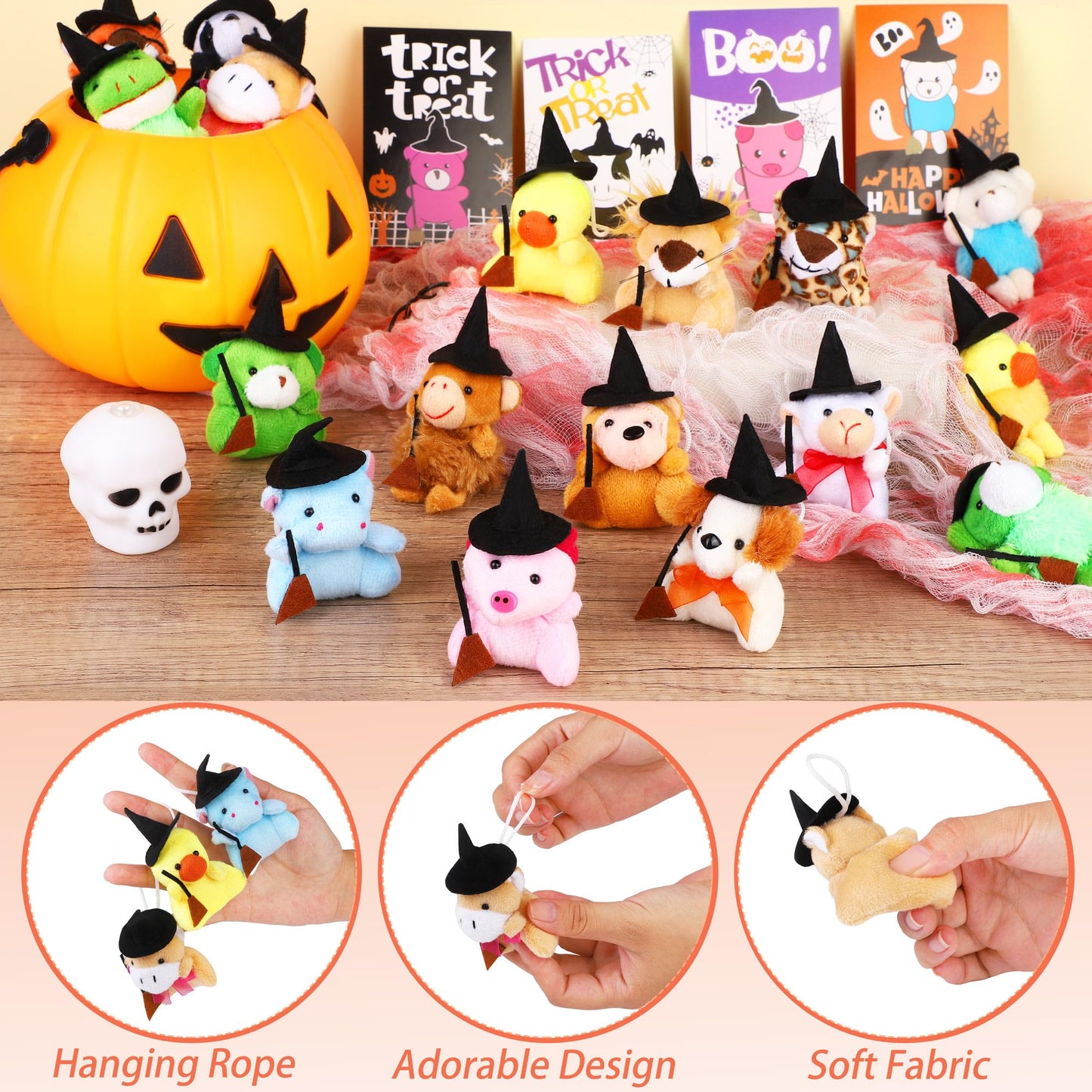 JUMPING EARS 24 Pieces Halloween Mini Stuffed Animals Plush Toy with Witch Hat Broom Cards Keychain for Kids Boys Girls Halloween Stuffed Party Favors