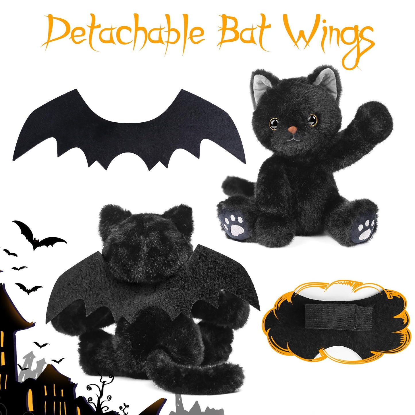 JUMPING EARS 10 Inch Black Cat Plush Toy with Bat Wings Stuffed Animal Cat Toy Realistic Kitten Dolls Soft Animal Toys for Halloween Decorations Birthday Gifts