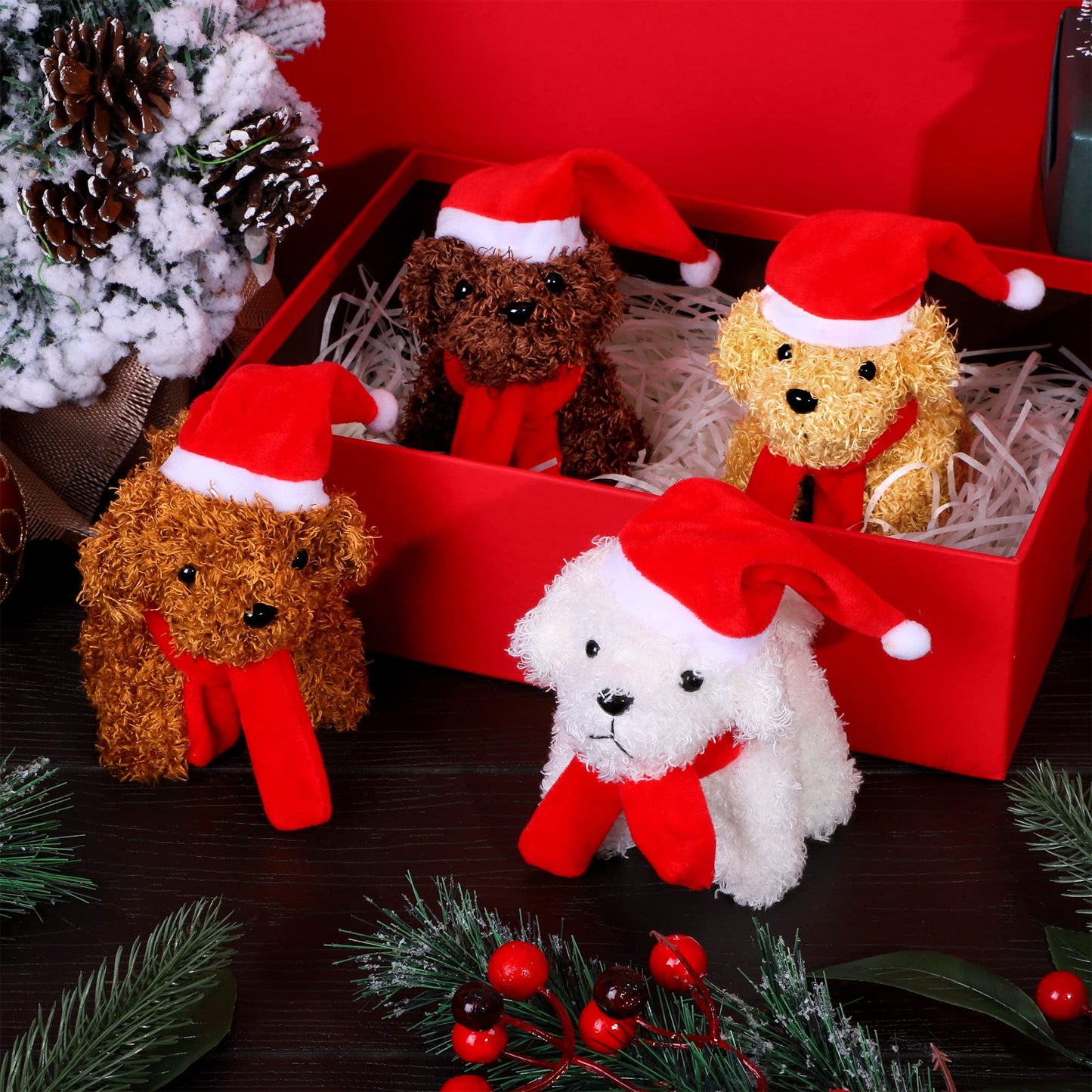 JUMPING EARS 16 Pieces 4.3 Inches Christmas Mini Plush Dogs Stuffed Animals with Santa Hat Scarf Keychain Cute Stuffed Puppy Toy Soft Stuffed Doll Goodie Bag Fillers for Christmas Party Favor, 4 Colors