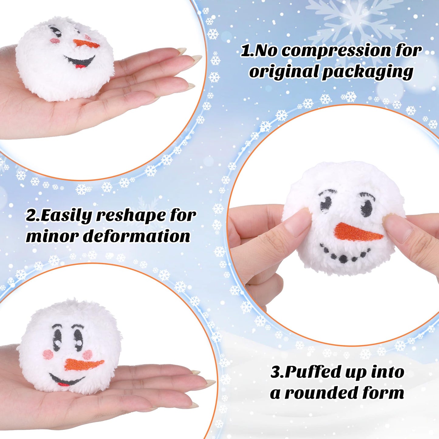 JUMPING EARS 52 Pieces Snow Toy Balls Set 2.8 Inch Plush Snowmen Balls with 4 Snowman Bags First Snow Fight Ball Fun Realistic Smile Face Ball Toys for Christmas Winter Indoor Outdoor Party Game