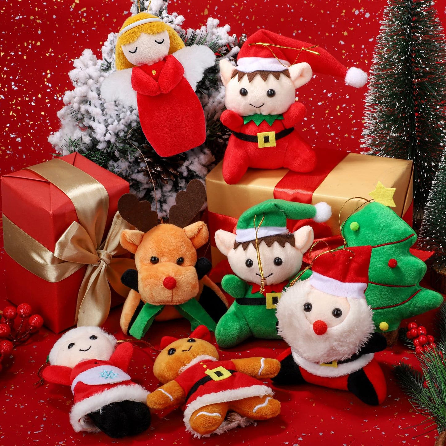 JUMPING EARS 12 Pieces Christmas Mini Stuffed Animals 5.7 Inch Snowman Santa Elk Elf Christmas Tree Hanging Plush Toys Tiny Plush Dolls for Christmas Party Favors Gift Key Chain