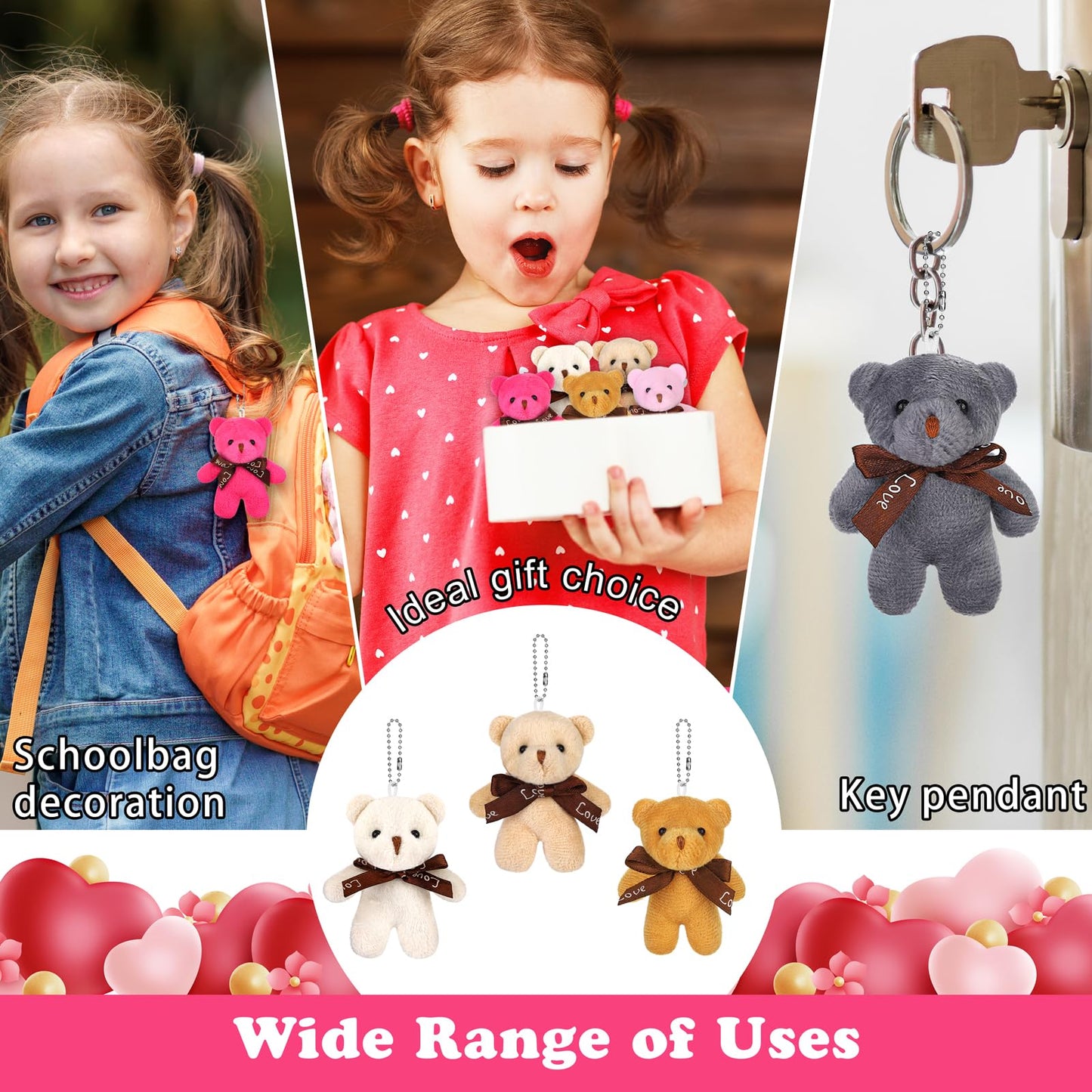 JUMPING EARS 32 Pack Valentine Bears Mini Teddy Bears with Heart Cards Plush Toy Valentine's Day Stuffed Animals for Gifts & Party Favors