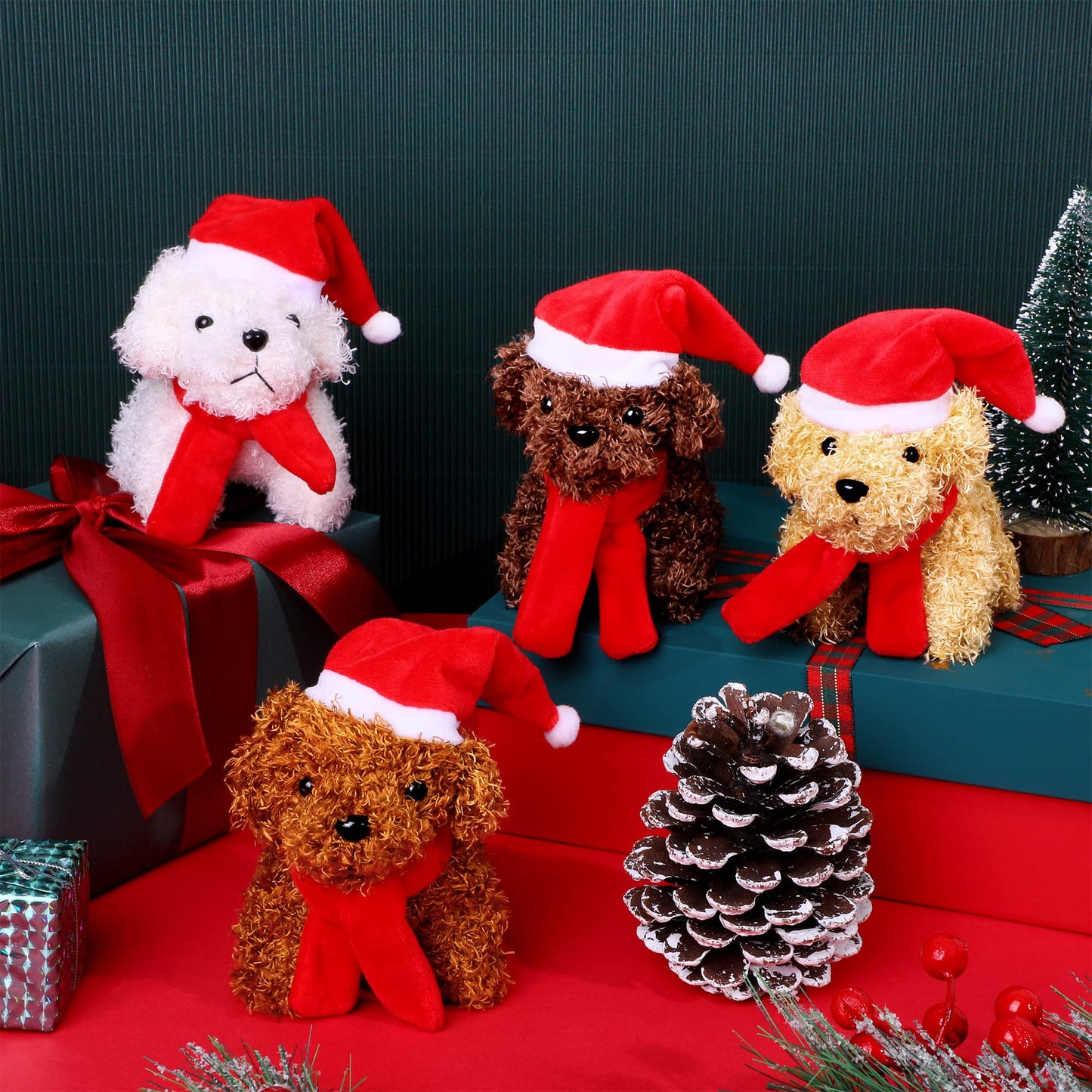 JUMPING EARS 16 Pieces 4.3 Inches Christmas Mini Plush Dogs Stuffed Animals with Santa Hat Scarf Keychain Cute Stuffed Puppy Toy Soft Stuffed Doll Goodie Bag Fillers for Christmas Party Favor, 4 Colors