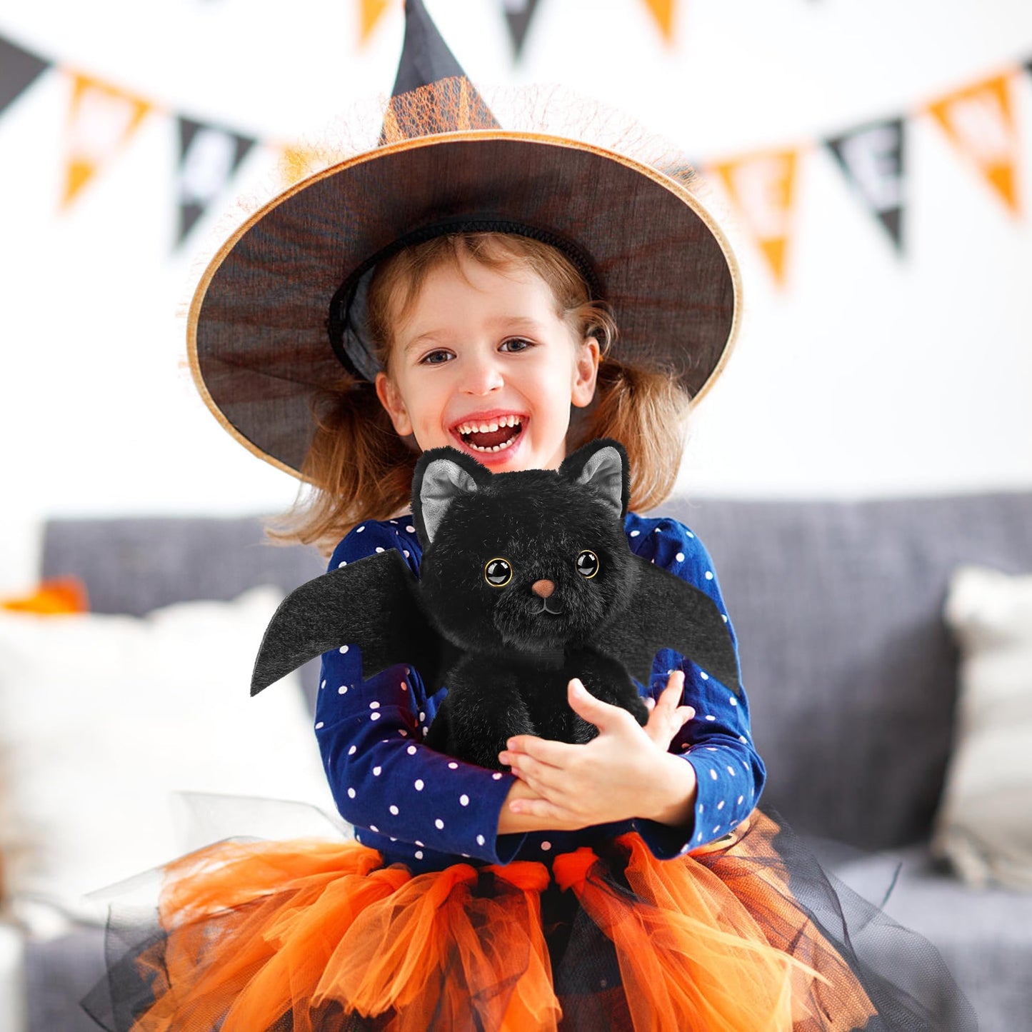 JUMPING EARS 10 Inch Black Cat Plush Toy with Bat Wings Stuffed Animal Cat Toy Realistic Kitten Dolls Soft Animal Toys for Halloween Decorations Birthday Gifts