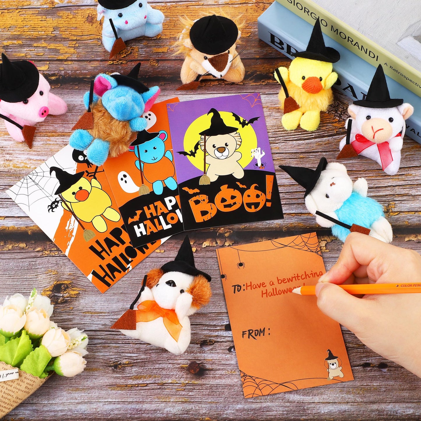 JUMPING EARS 24 Pieces Halloween Mini Stuffed Animals Plush Toy with Witch Hat Broom Cards Keychain for Kids Boys Girls Halloween Stuffed Party Favors