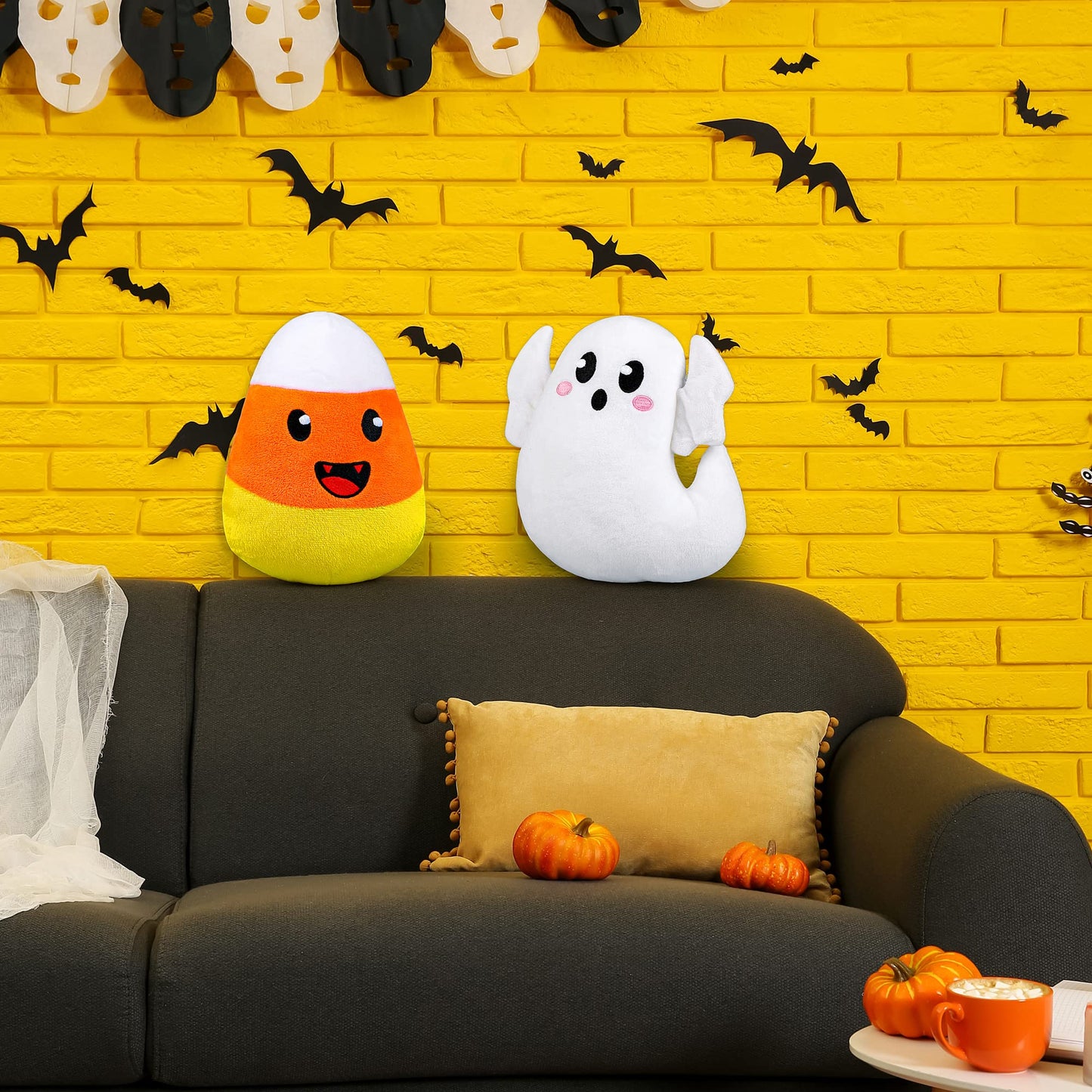 JUMPING EARS 2 Pieces Plush Toys Soft Stuffed Animal Boo Ghost Set Halloween Party Favors, 6.3 Inches (Ghost, Candy Corn)