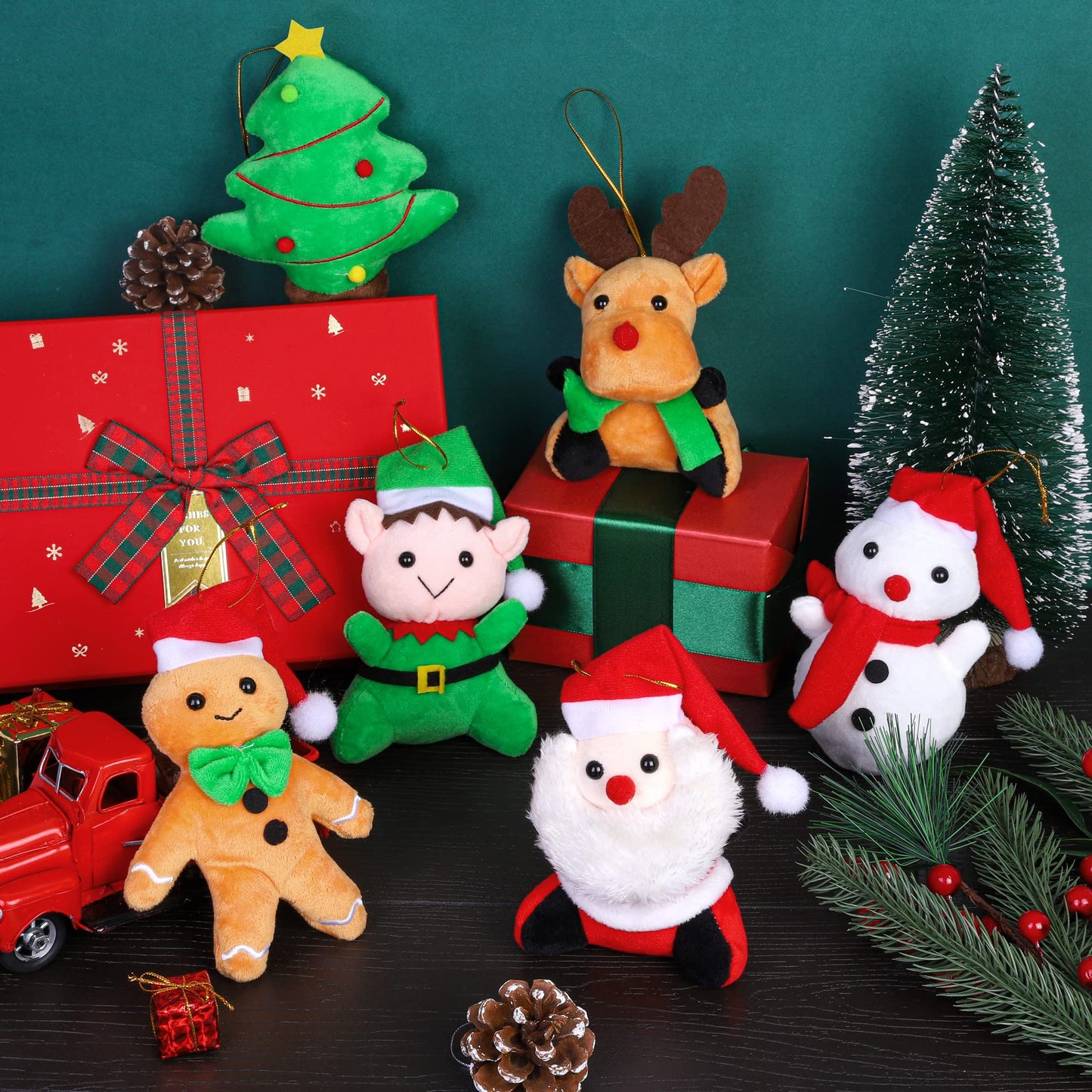 JUMPING EARS 12 Pieces 5.7 Inch Christmas Mini Stuffed Animals Snowman Santa Christmas Tree Elk Gingerbread Man Christmas Elf Hanging Plush Toys Animal Themed Parties