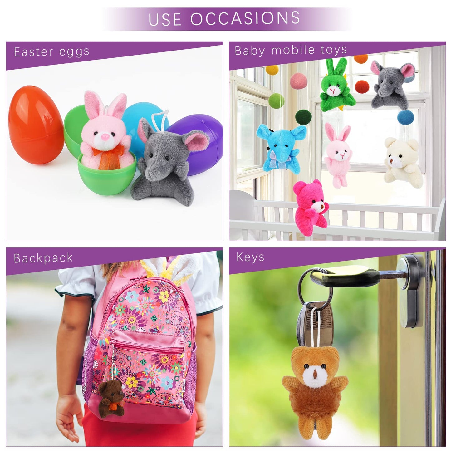 JUMPING EARS 48 Pieces Mini Plush Animals Toys Set Lovely Small Stuffed Animal Keychain Decor for Easter Hunts, Party Favors, Carnival Prizes, Egg Hunt Supplies, Goodie Bag Fillers
