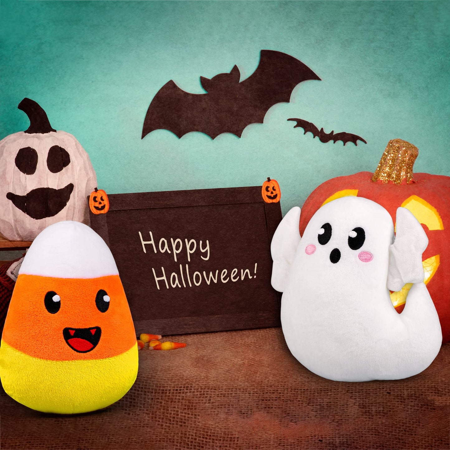 JUMPING EARS 2 Pieces Plush Toys Soft Stuffed Animal Boo Ghost Set Halloween Party Favors, 6.3 Inches (Ghost, Candy Corn)