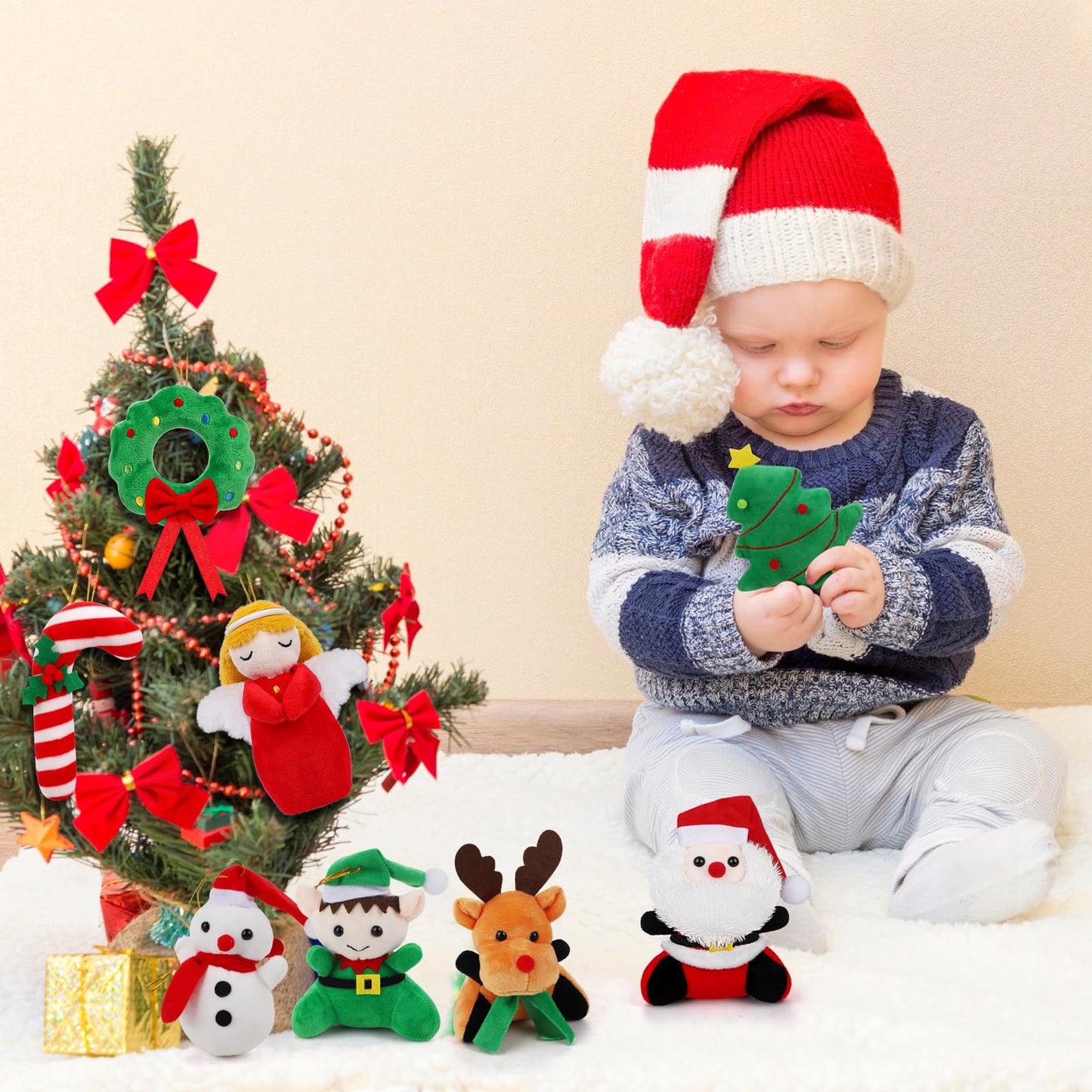 JUMPING EARS 12 Pieces Christmas Mini Stuffed Animals 5.7 Inch Snowman Santa Elk Elf Christmas Tree Hanging Plush Toys Tiny Plush Dolls for Christmas Party Favors Gift Key Chain