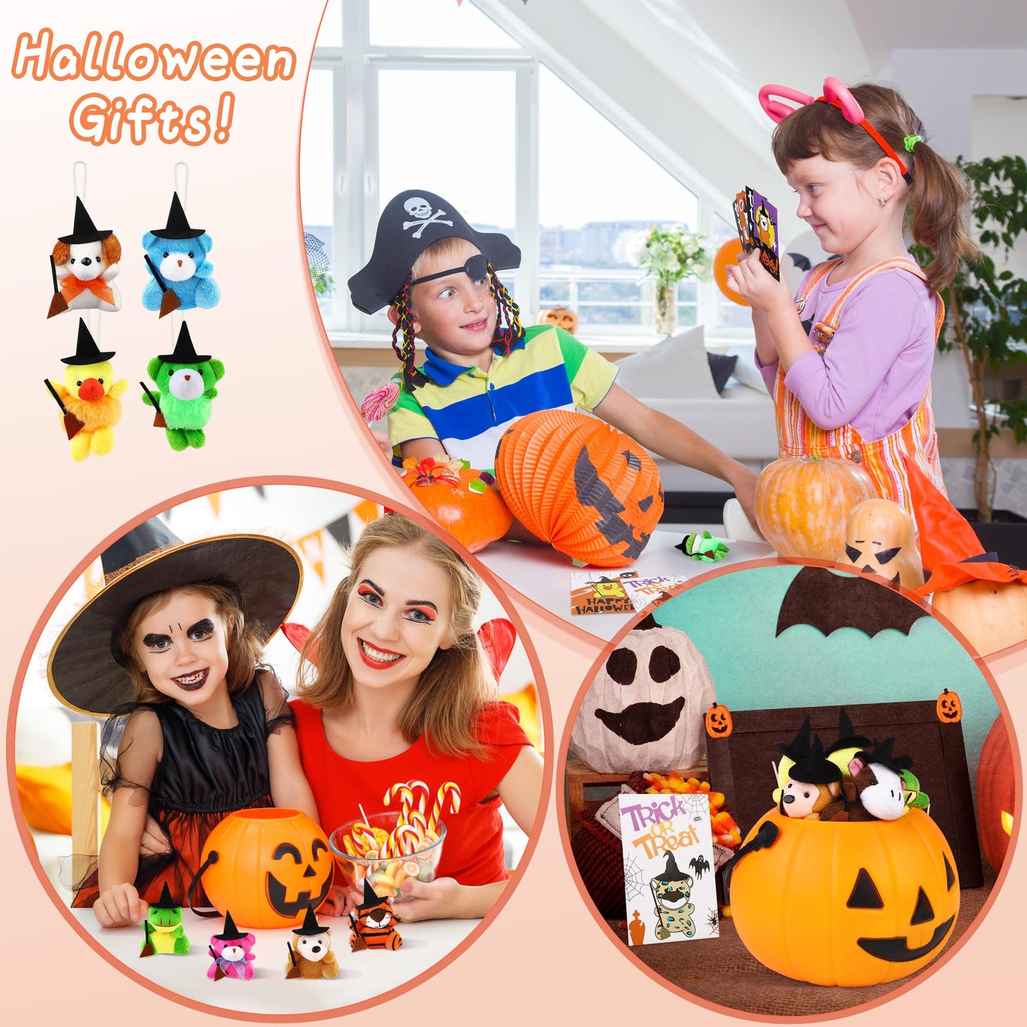 JUMPING EARS 24 Pieces Halloween Mini Stuffed Animals Plush Toy with Witch Hat Broom Cards Keychain for Kids Boys Girls Halloween Stuffed Party Favors