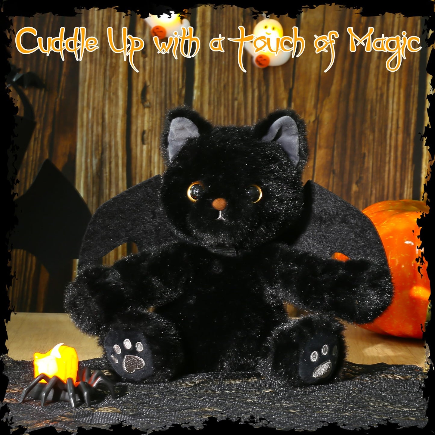 JUMPING EARS 10 Inch Black Cat Plush Toy with Bat Wings Stuffed Animal Cat Toy Realistic Kitten Dolls Soft Animal Toys for Halloween Decorations Birthday Gifts