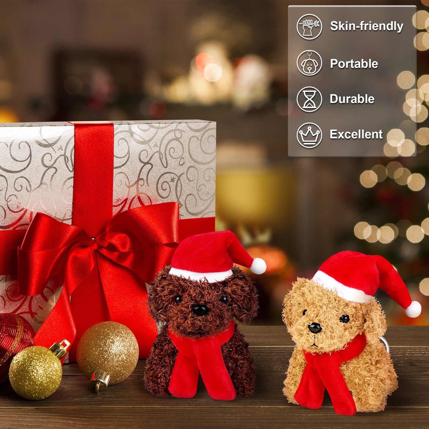 JUMPING EARS 16 Pieces 4.3 Inches Christmas Mini Plush Dogs Stuffed Animals with Santa Hat Scarf Keychain Cute Stuffed Puppy Toy Soft Stuffed Doll Goodie Bag Fillers for Christmas Party Favor, 4 Colors
