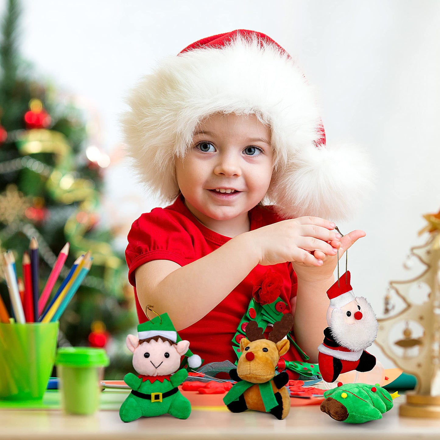 JUMPING EARS 12 Pieces 5.7 Inch Christmas Mini Stuffed Animals Snowman Santa Christmas Tree Elk Gingerbread Man Christmas Elf Hanging Plush Toys Animal Themed Parties
