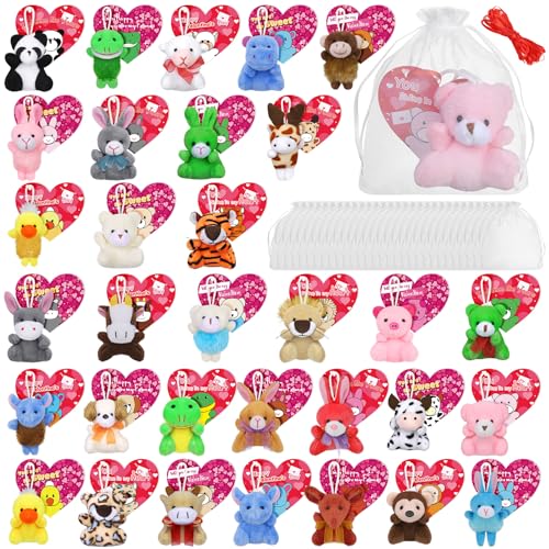 JUMPING EARS 32 Packs Valentine's Day Mini Stuffed Animal with Heart Cards Jungle Animals Plush Toy Keychain for Valentines Day Gifts School Classroom Exchange Game Prize Party Favors