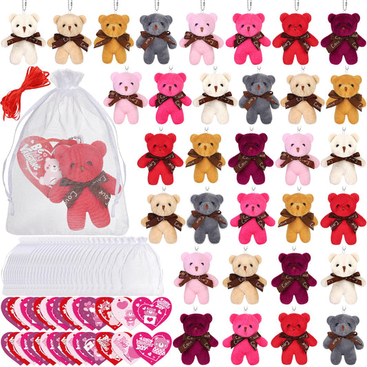 JUMPING EARS 32 Pack Valentine Bears Mini Teddy Bears with Heart Cards Plush Toy Valentine's Day Stuffed Animals for Gifts & Party Favors