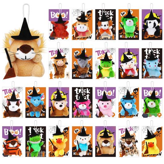 JUMPING EARS 24 Pieces Halloween Mini Stuffed Animals Plush Toy with Witch Hat Broom Cards Keychain for Kids Boys Girls Halloween Stuffed Party Favors