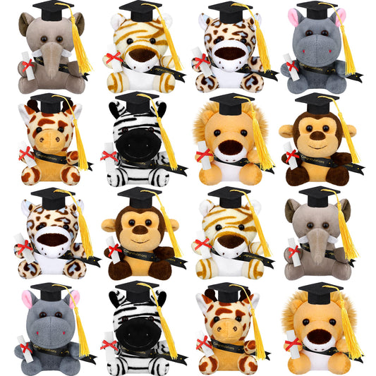 JUMPING EARS 16 Pieces Graduation Jungle Animal Plush Toys 4.8 Inch Mini Stuffed Forest Animals Set Stuffed Jungle Animal with Graduation Cap for Kindergarten Graduation Gift School Parties