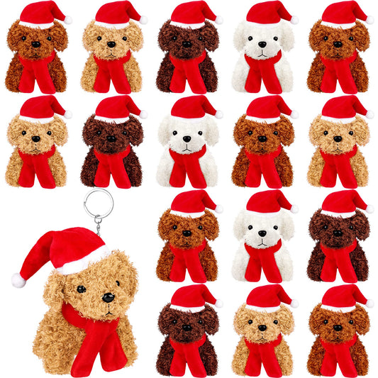 JUMPING EARS 16 Pieces 4.3 Inches Christmas Mini Plush Dogs Stuffed Animals with Santa Hat Scarf Keychain Cute Stuffed Puppy Toy Soft Stuffed Doll Goodie Bag Fillers for Christmas Party Favor, 4 Colors