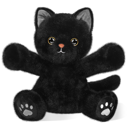 JUMPING EARS 10 Inch Black Cat Plush Toy with Bat Wings Stuffed Animal Cat Toy Realistic Kitten Dolls Soft Animal Toys for Halloween Decorations Birthday Gifts