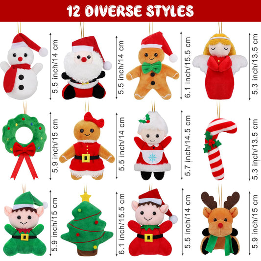 JUMPING EARS 12 Pieces Christmas Mini Stuffed Animals 5.7 Inch Snowman Santa Elk Elf Christmas Tree Hanging Plush Toys Tiny Plush Dolls for Christmas Party Favors Gift Key Chain