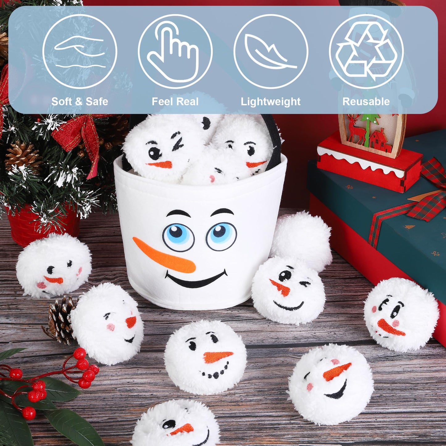 JUMPING EARS 52 Pieces Snow Toy Balls Set 2.8 Inch Plush Snowmen Balls with 4 Snowman Bags First Snow Fight Ball Fun Realistic Smile Face Ball Toys for Christmas Winter Indoor Outdoor Party Game