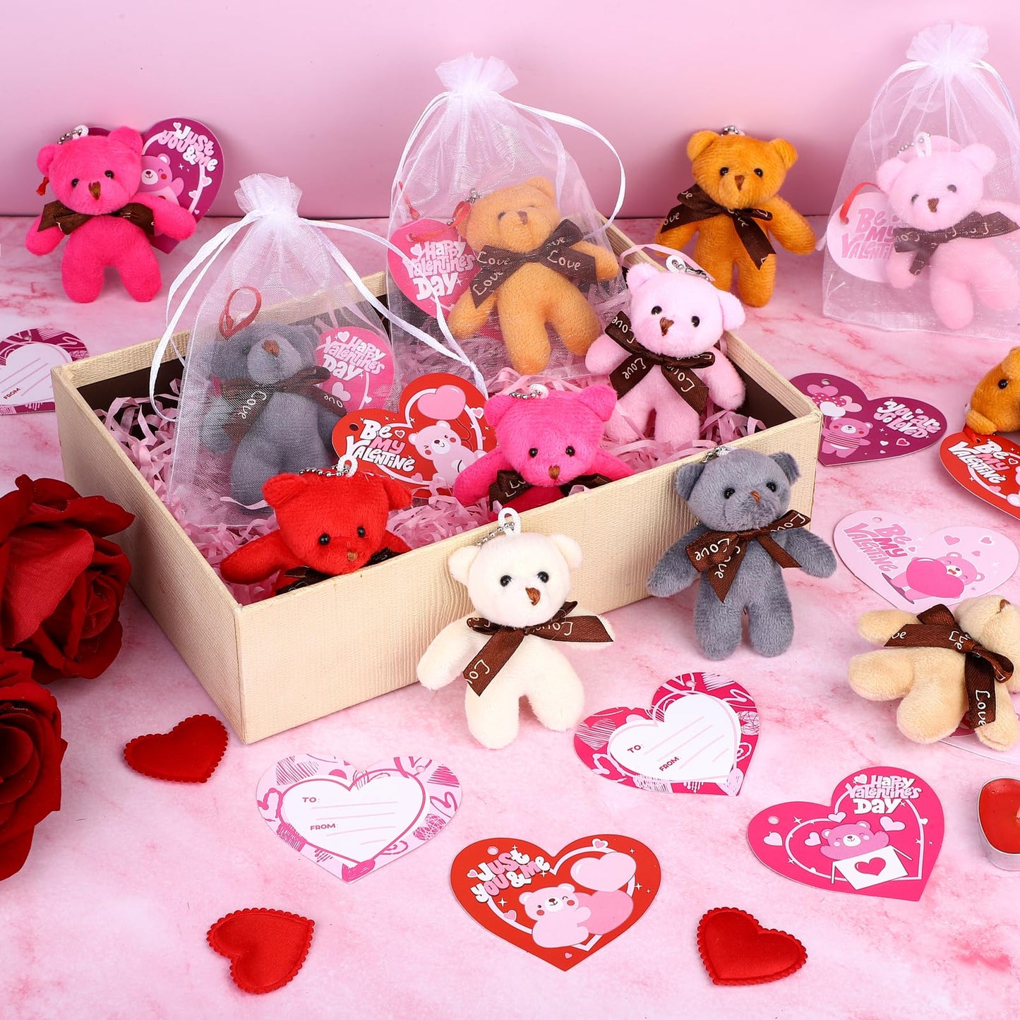 JUMPING EARS 32 Pack Valentine Bears Mini Teddy Bears with Heart Cards Plush Toy Valentine's Day Stuffed Animals for Gifts & Party Favors