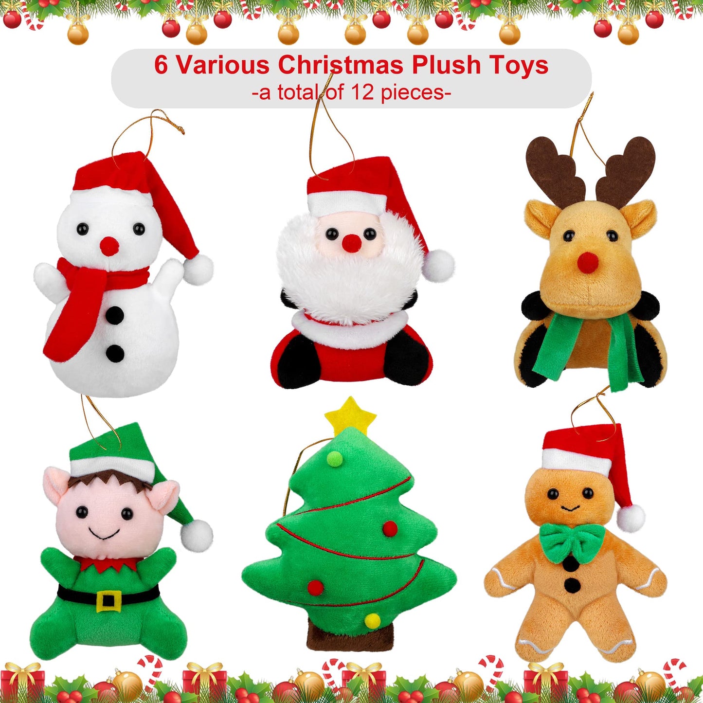 JUMPING EARS 12 Pieces 5.7 Inch Christmas Mini Stuffed Animals Snowman Santa Christmas Tree Elk Gingerbread Man Christmas Elf Hanging Plush Toys Animal Themed Parties
