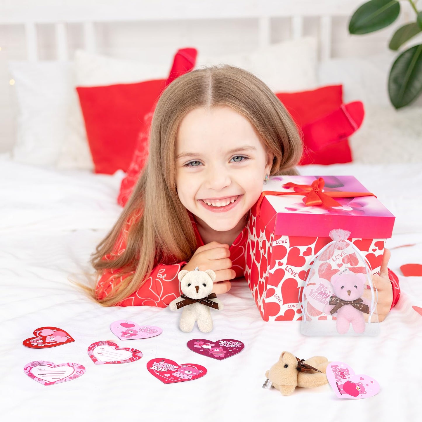 JUMPING EARS 32 Pack Valentine Bears Mini Teddy Bears with Heart Cards Plush Toy Valentine's Day Stuffed Animals for Gifts & Party Favors