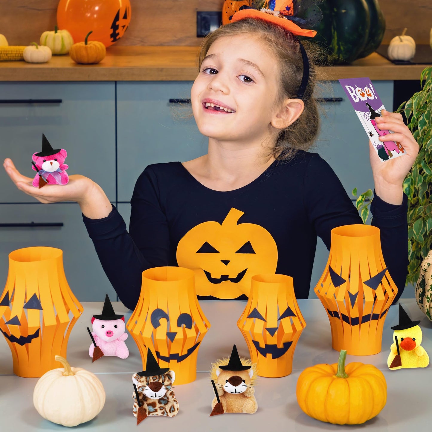 JUMPING EARS 24 Pieces Halloween Mini Stuffed Animals Plush Toy with Witch Hat Broom Cards Keychain for Kids Boys Girls Halloween Stuffed Party Favors